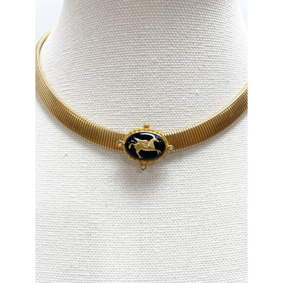 Vintage Gold-Tone Pegasus Choker Necklace Black Enamel Medallion - Picture 1 of 7
